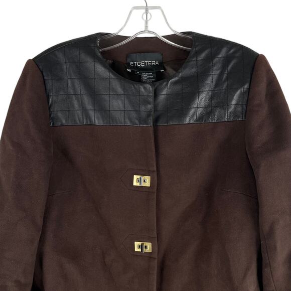 Etcetera Leather Trim Long Coat Jacket Turnlock Closure Brown Size 6 - Picture 4 of 10